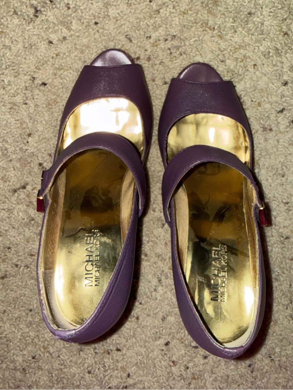 Michael Kors Plum Mary Jane Peep-Toe Heels with Gold Insoles